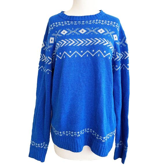 Vintage R.T Denim Nordic Sweater Blue Pullover Crew Neck Long Sleeve Cozy Size L - Picture 1 of 5